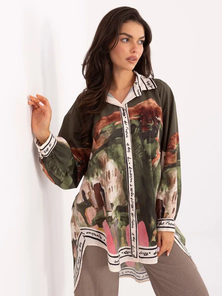 Camasa Dama Maneca lunga, Guler inalt, RUE PARIS, Khaki Eleganta Office