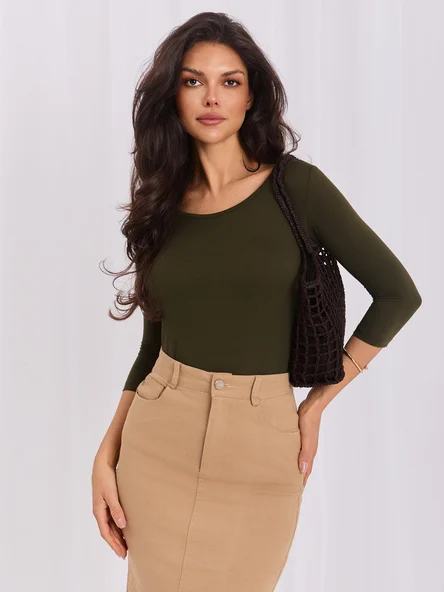 Bluza Dama Maneca 3/4, Decolteu rotund, BASIC FEEL GOOD, Khaki Eleganta Office