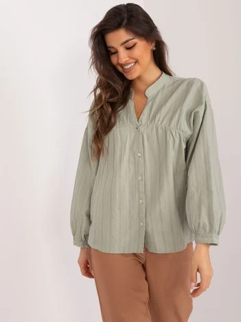 Camasa Dama Maneca lunga, Decolteu in V, BY POMMES LIFE, Khaki Eleganta Office