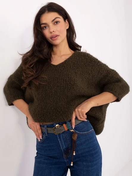 Pulover Dama Maneca 3/4, Decolteu in V, ITALY MODA, Khaki Casual