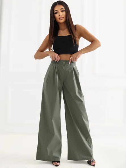 Pantaloni Dama Lunga, Larga, RUE PARIS, Khaki Eleganta Office