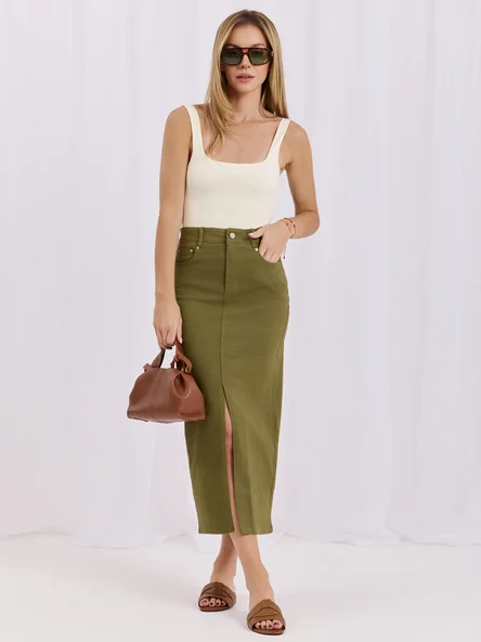 Fusta Dama Midi, Guler inalt, May, Khaki Casual