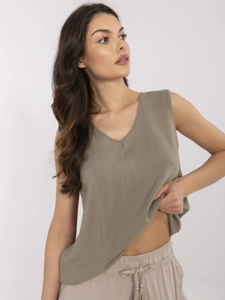 Bluza Dama Fara maneci, Decolteu rotund, Sublevel, Khaki Casual Marimi Mari