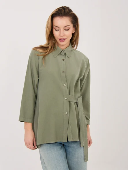 Camasa Dama Maneca lunga, Guler inalt, RUE PARIS, Khaki Eleganta Office