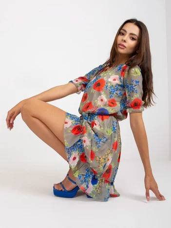 Rochie Dama Mini, Floral, LAKERTA, Khaki Eleganta Office