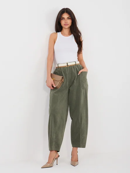 Pantaloni Dama Conica, Guler inalt, RUE PARIS, Khaki Casual