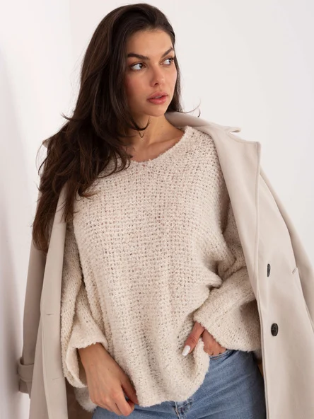Pulover Dama Maneca lunga, Decolteu in V, CHARISMA, Bej Casual