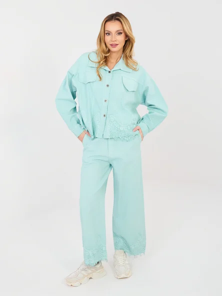Pantaloni Dama Dantela, Larga, RUE PARIS, Menta Casual