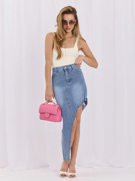 Fusta Dama Midi, Guler inalt, May, Albastru Casual