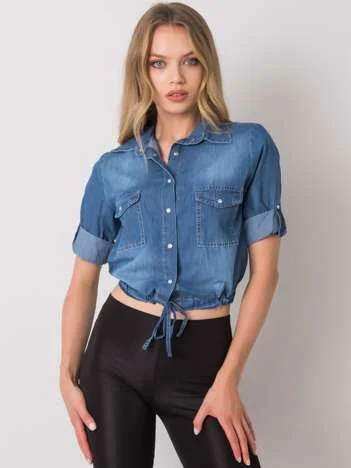 Camasa Dama Maneca 3/4, Decolteu cu guler, RUE PARIS, Albastru Casual