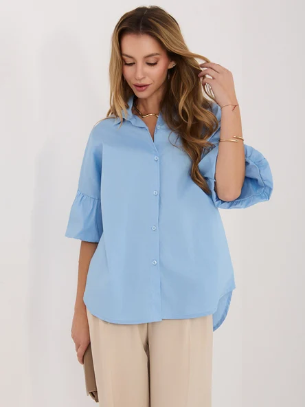 Camasa Dama Guler inalt, Bumbac, ITALY MODA, Albastru Eleganta Office