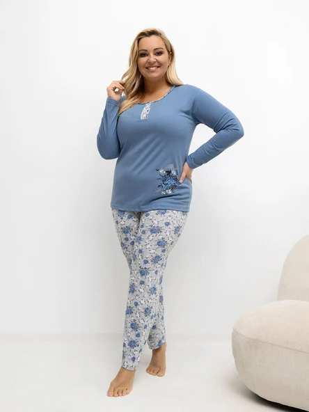 Pijama Dama Maneca lunga, Floral, Forever Pink, Albastru Marimi Mari