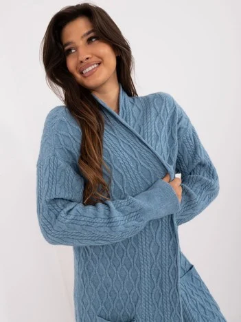 Cardigan Dama Maneca lunga, Guler inalt, Wool Fashion Italia, Albastru Casual