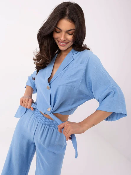 Compleu Dama Maneca 3/4, Larga, Och Bella, Albastru Casual
