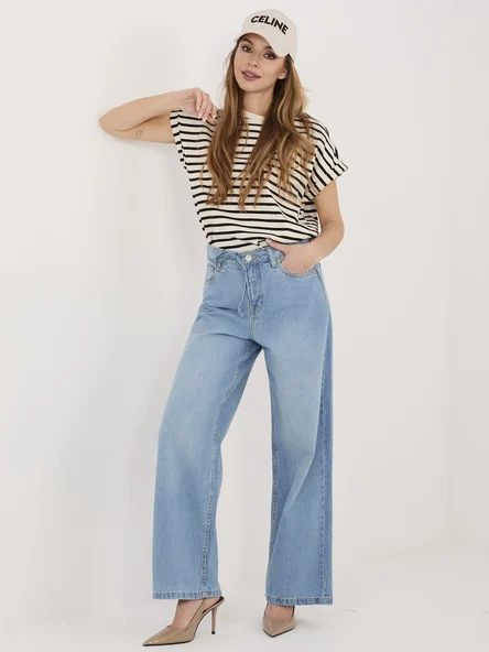 Pantaloni Dama Larga, Guler inalt, Sublevel, Albastru Casual Marimi Mari