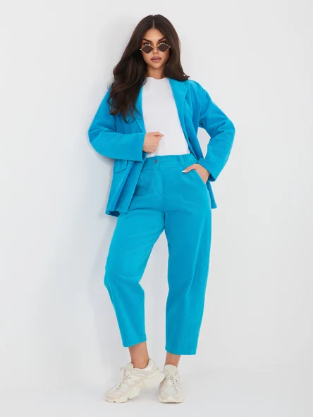 Pantaloni Dama Conica, Guler inalt, RUE PARIS, Albastru Casual