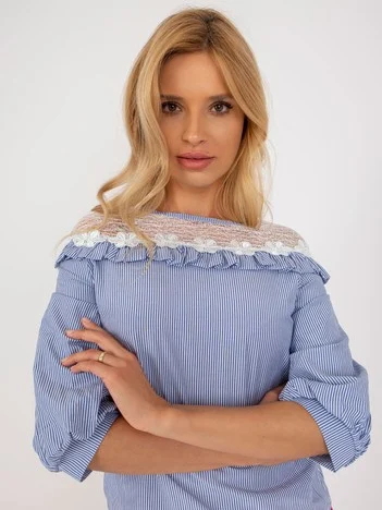 Bluza Dama Maneca 3/4, Dungi, LAKERTA, Albastru Eleganta Office