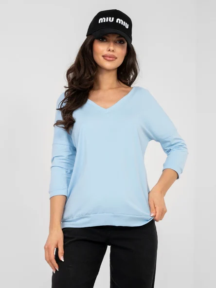Bluza Dama Maneca 3/4, Decolteu in V, RUE PARIS, Albastru