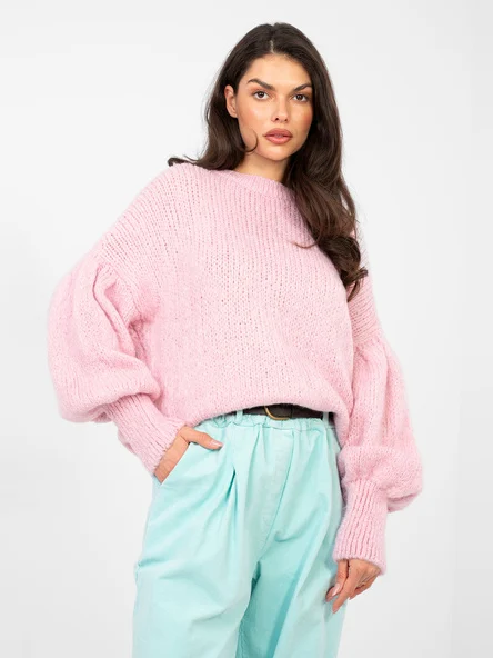 Pulover Dama Guler inalt, Maneci bufante, ITALY MODA, Roz Eleganta Office
