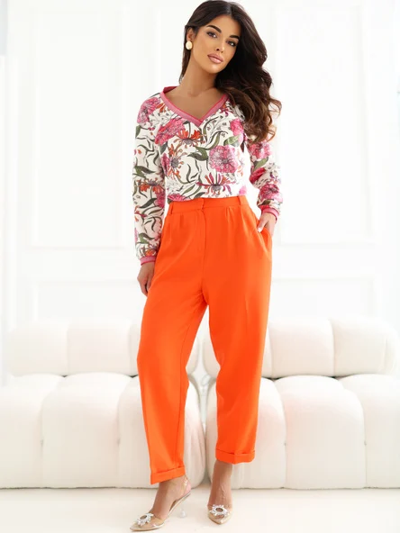 Pantaloni Dama Elegant, Guler inalt, RUE PARIS, Portocaliu de Petrecere
