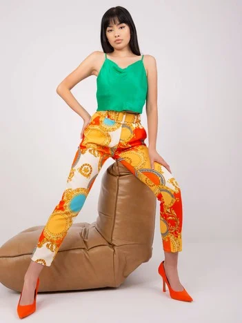 Pantaloni Dama Imprimat, Elegant, ITALY MODA, Portocaliu de Petrecere Marimi Mari