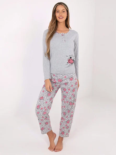 Pijama Dama Maneca lunga, Floral, Forever Pink, Gri Marimi Mari