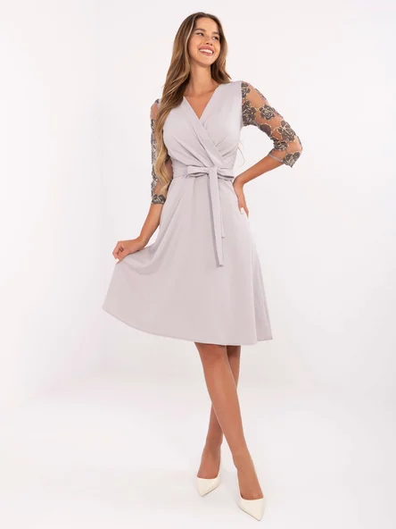 Rochie Dama Midi, Imprimat, LAKERTA, Gri de Ocazie Nunta