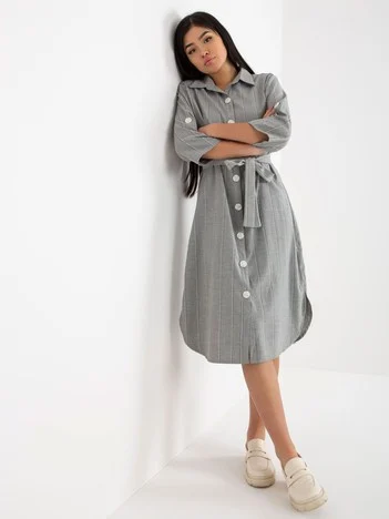 Rochie Dama Midi, Dungi, LAKERTA, Gri Eleganta Office