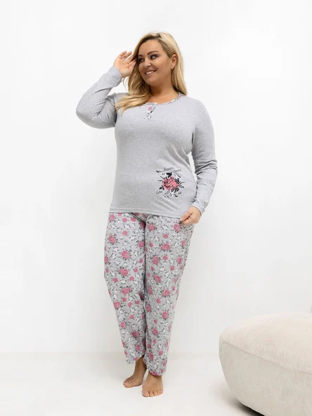 Pijama Dama Maneca lunga, Floral, Forever Pink, Gri Marimi Mari
