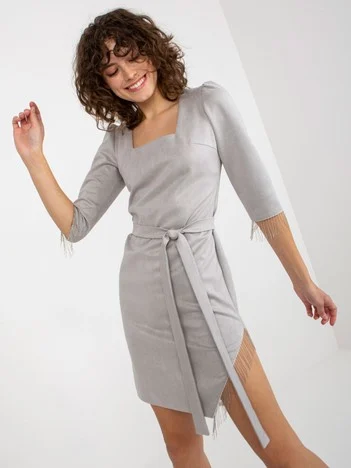 Rochie Dama Maneca 3/4, Rochie asimetrica, LAKERTA, Gri de Ocazie Nunta