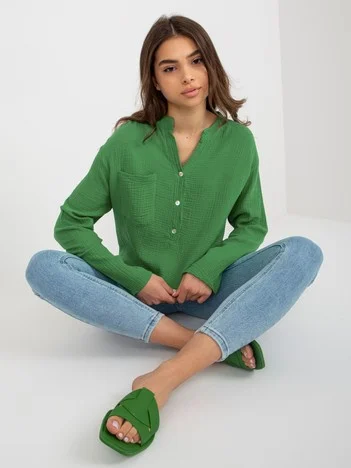 Camasa Dama Maneca lunga, Decolteu in V, Och Bella, Verde Casual