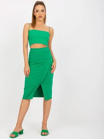 Fusta Dama Midi, Guler inalt, BASIC FEEL GOOD, Verde Eleganta Office