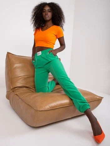 Pantaloni Dama Mansete elastice, Guler inalt, ITALY MODA, Verde Eleganta Office Marimi Mari
