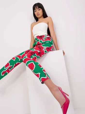 Pantaloni Dama Floral, Elegant, ITALY MODA, Verde de Petrecere Marimi Mari