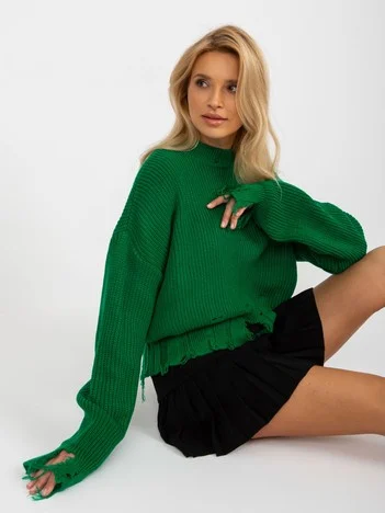Pulover Dama Mini, Guler inalt, RUE PARIS, Verde Casual