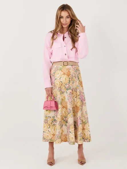 Fusta Dama Midi, Floral, ITALY MODA, Galben Eleganta Office