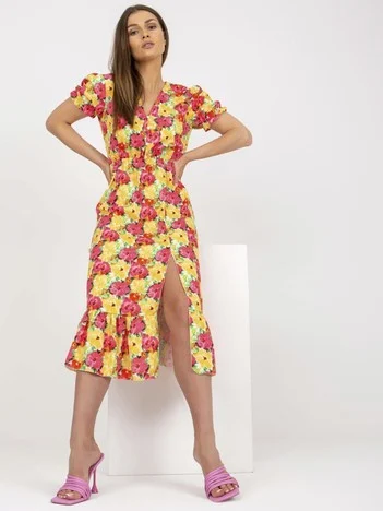 Rochie Dama Midi, Floral, ITALY MODA, Galben Eleganta Office