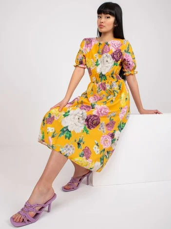 Rochie Dama Midi, Floral, LAKERTA, Galben Eleganta Office