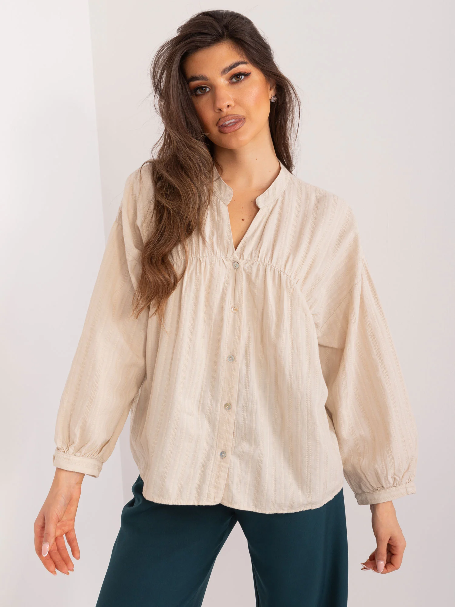 Camasa Dama Maneca lunga, Decolteu in V, BY POMMES LIFE, Bej Eleganta Office - imagine 3