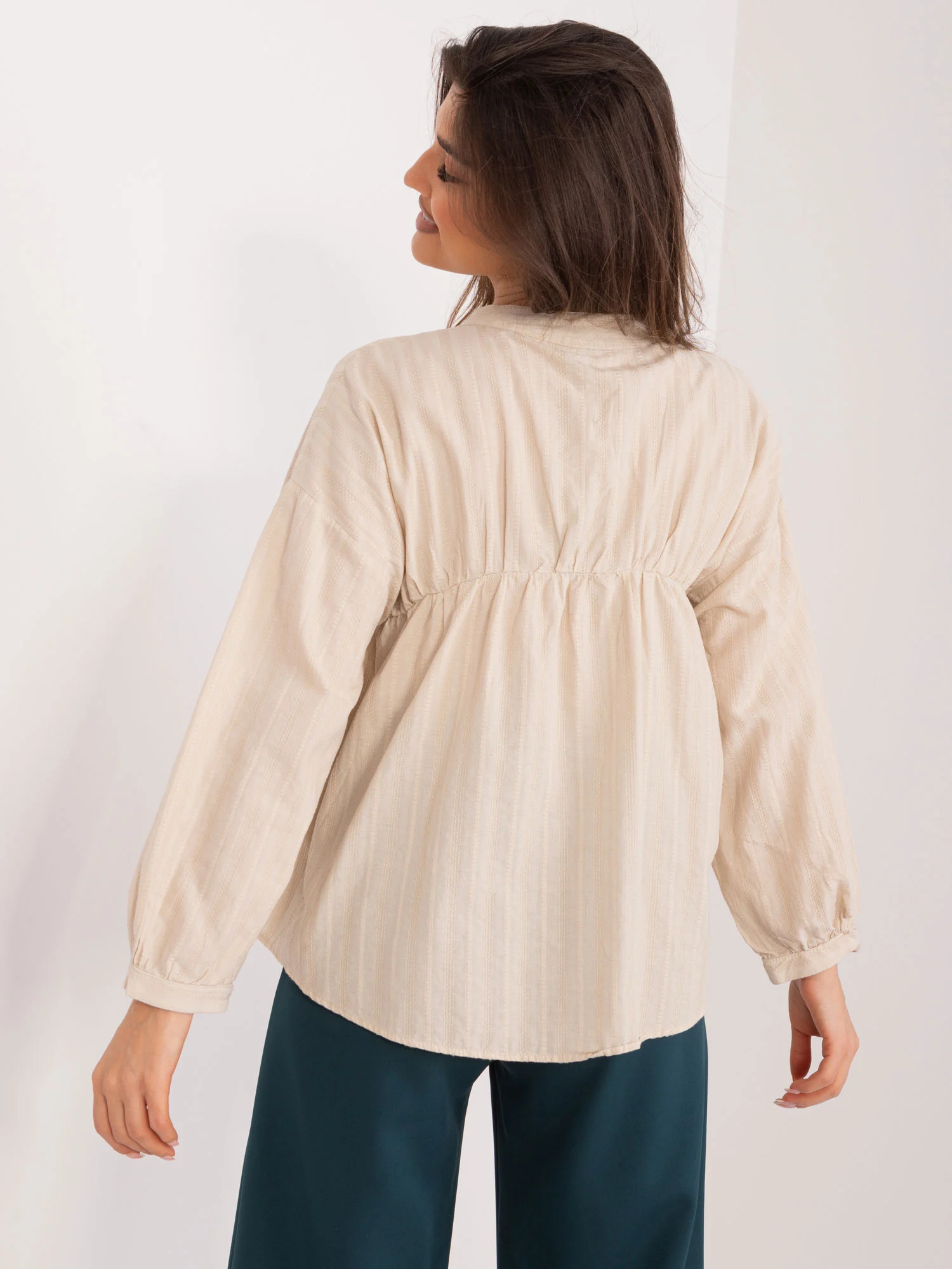Camasa Dama Maneca lunga, Decolteu in V, BY POMMES LIFE, Bej Eleganta Office - imagine 4