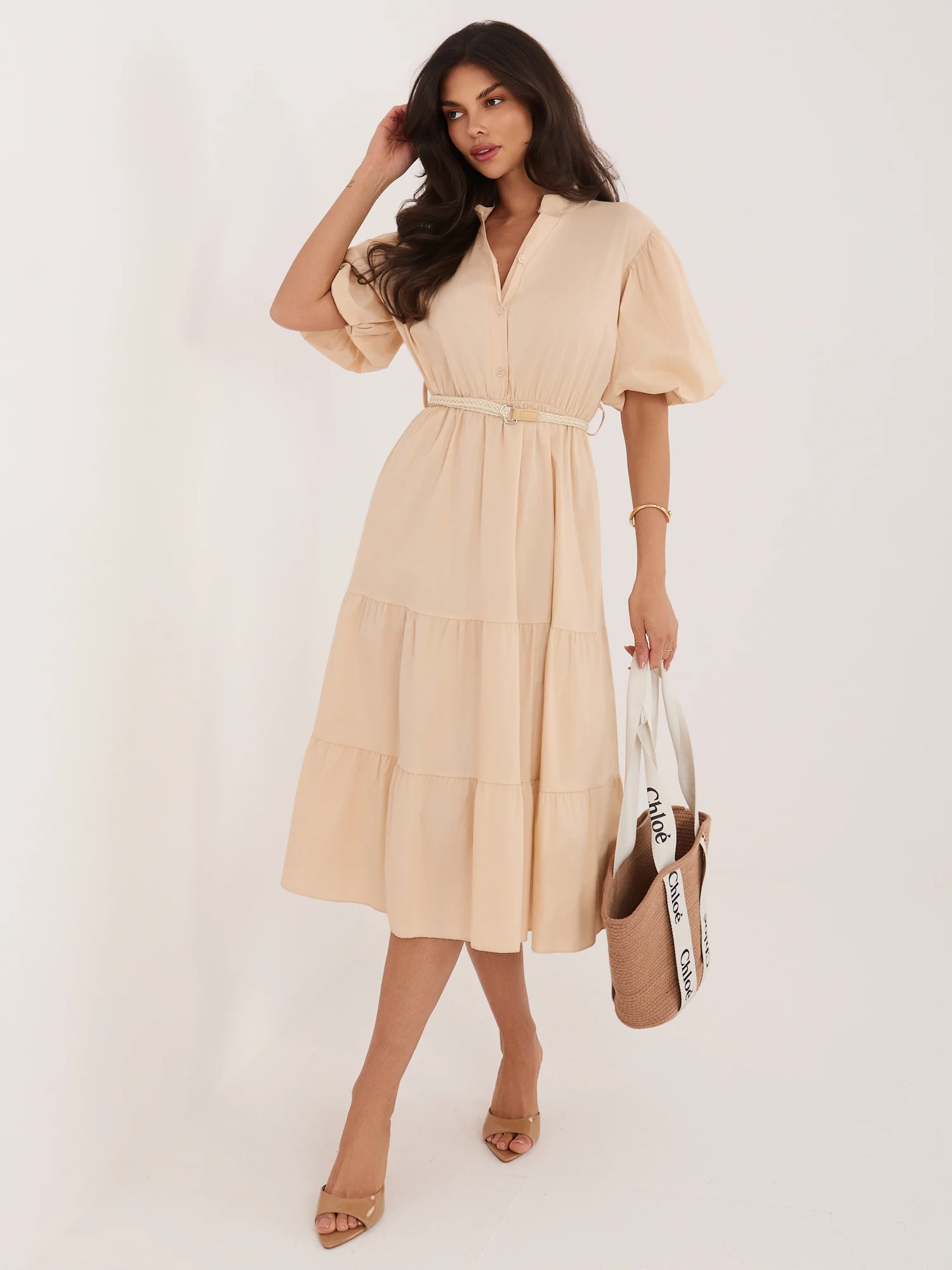 Rochie Dama Midi, Lejera, ITALY MODA, Bej Eleganta Office - imagine 6