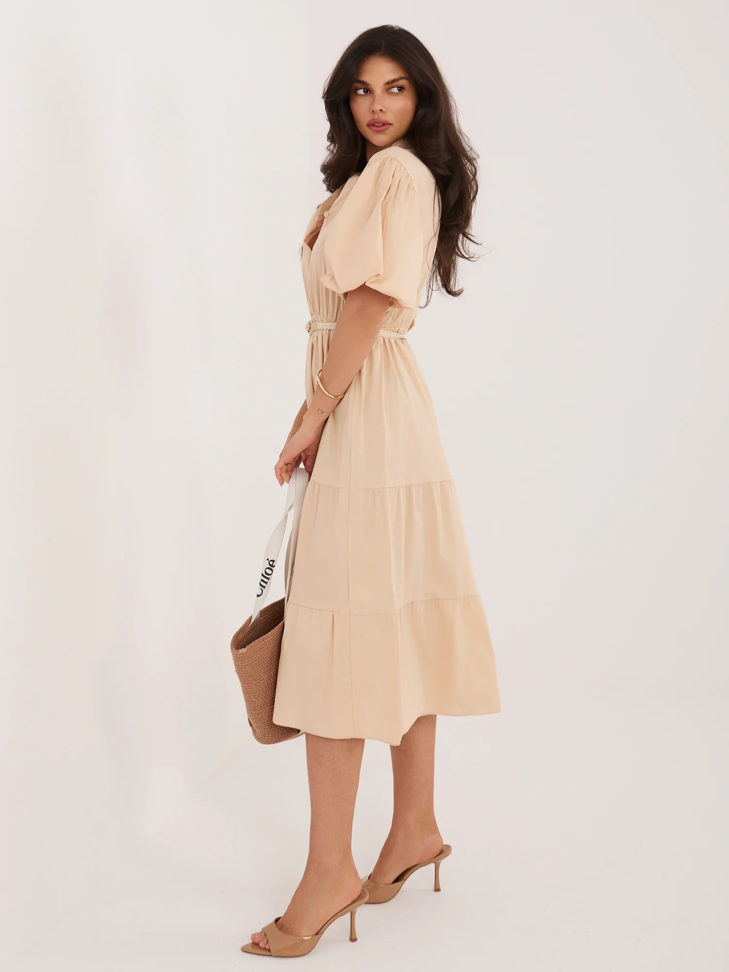 Rochie Dama Midi, Lejera, ITALY MODA, Bej Eleganta Office - imagine 2