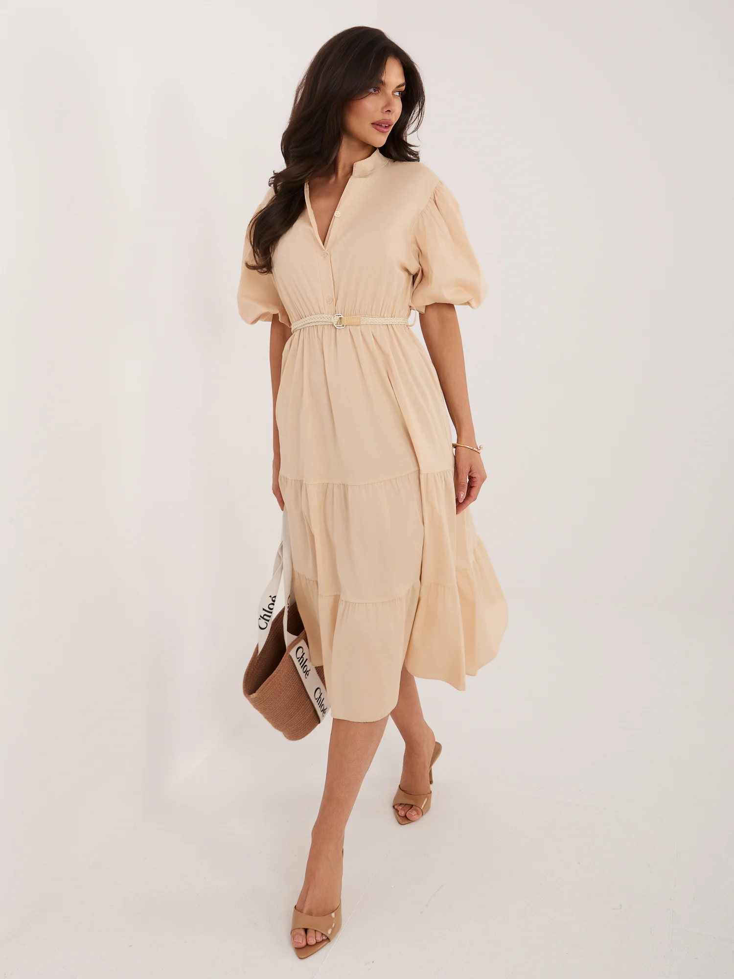Rochie Dama Midi, Lejera, ITALY MODA, Bej Eleganta Office - imagine 4
