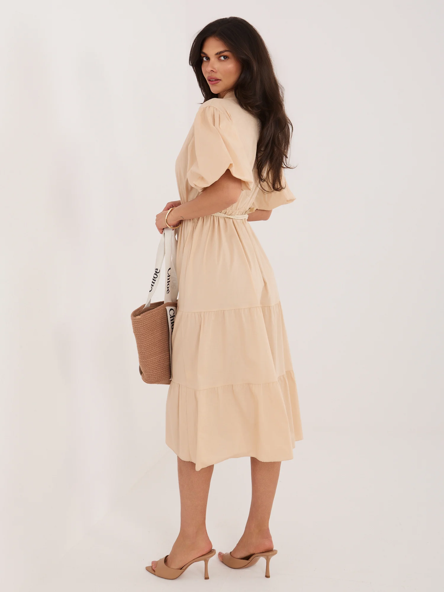 Rochie Dama Midi, Lejera, ITALY MODA, Bej Eleganta Office - imagine 3
