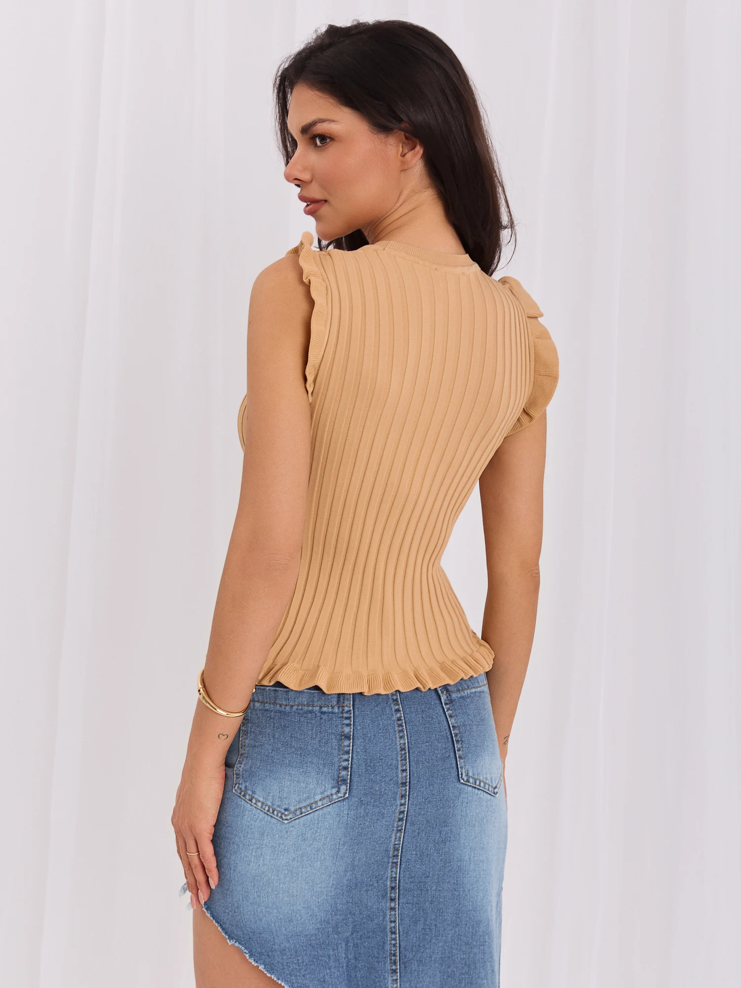 Bluza Dama Fara maneci, Dungi, RUE PARIS, Camel Casual - imagine 2