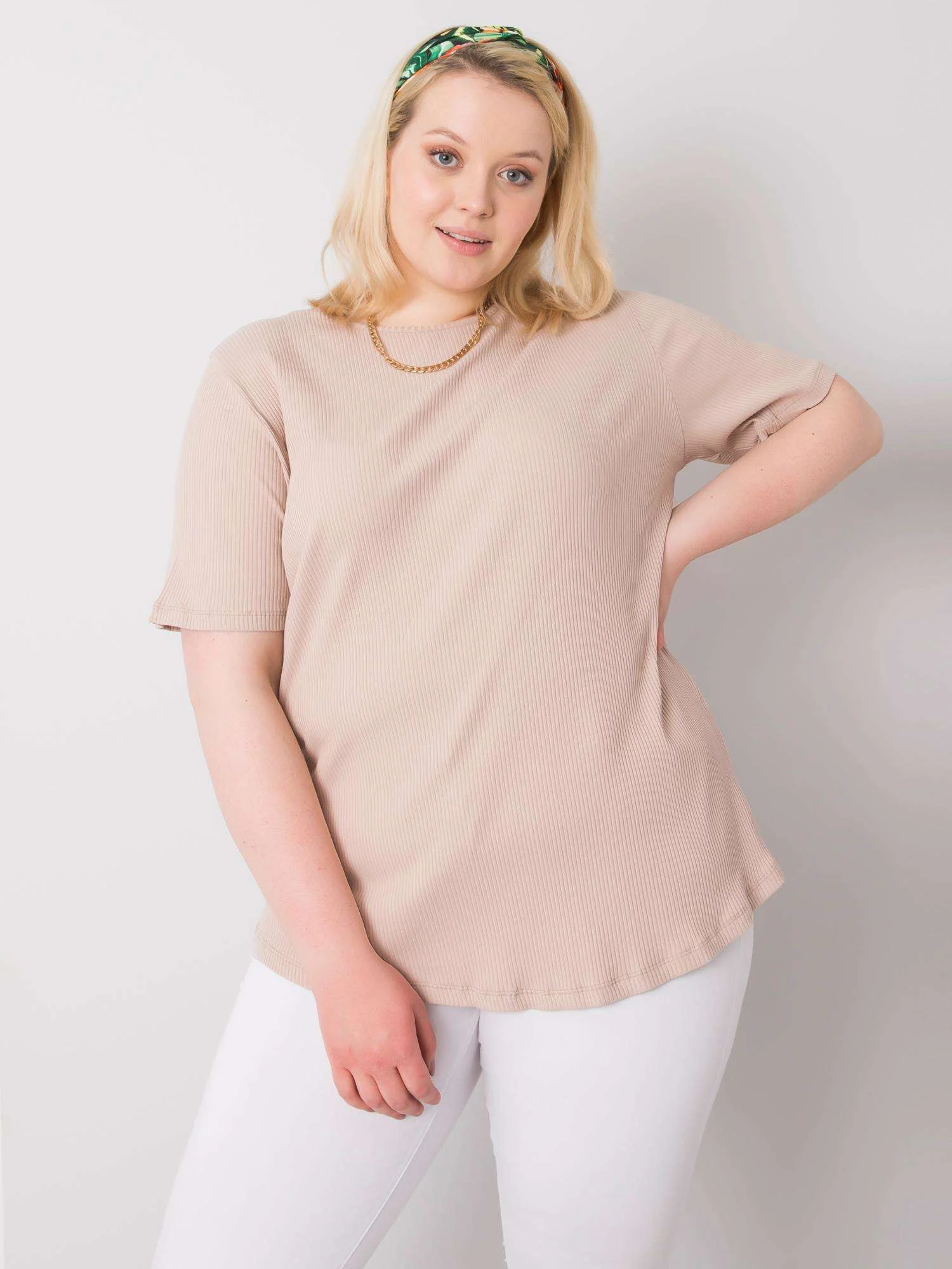 Bluza Dama Mini, Decolteu rotund, BASIC FEEL GOOD, Bej Eleganta Office Marimi Mari - imagine 2