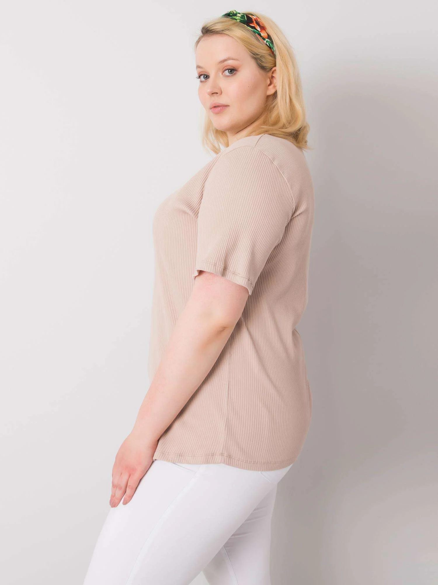 Bluza Dama Mini, Decolteu rotund, BASIC FEEL GOOD, Bej Eleganta Office Marimi Mari - imagine 5