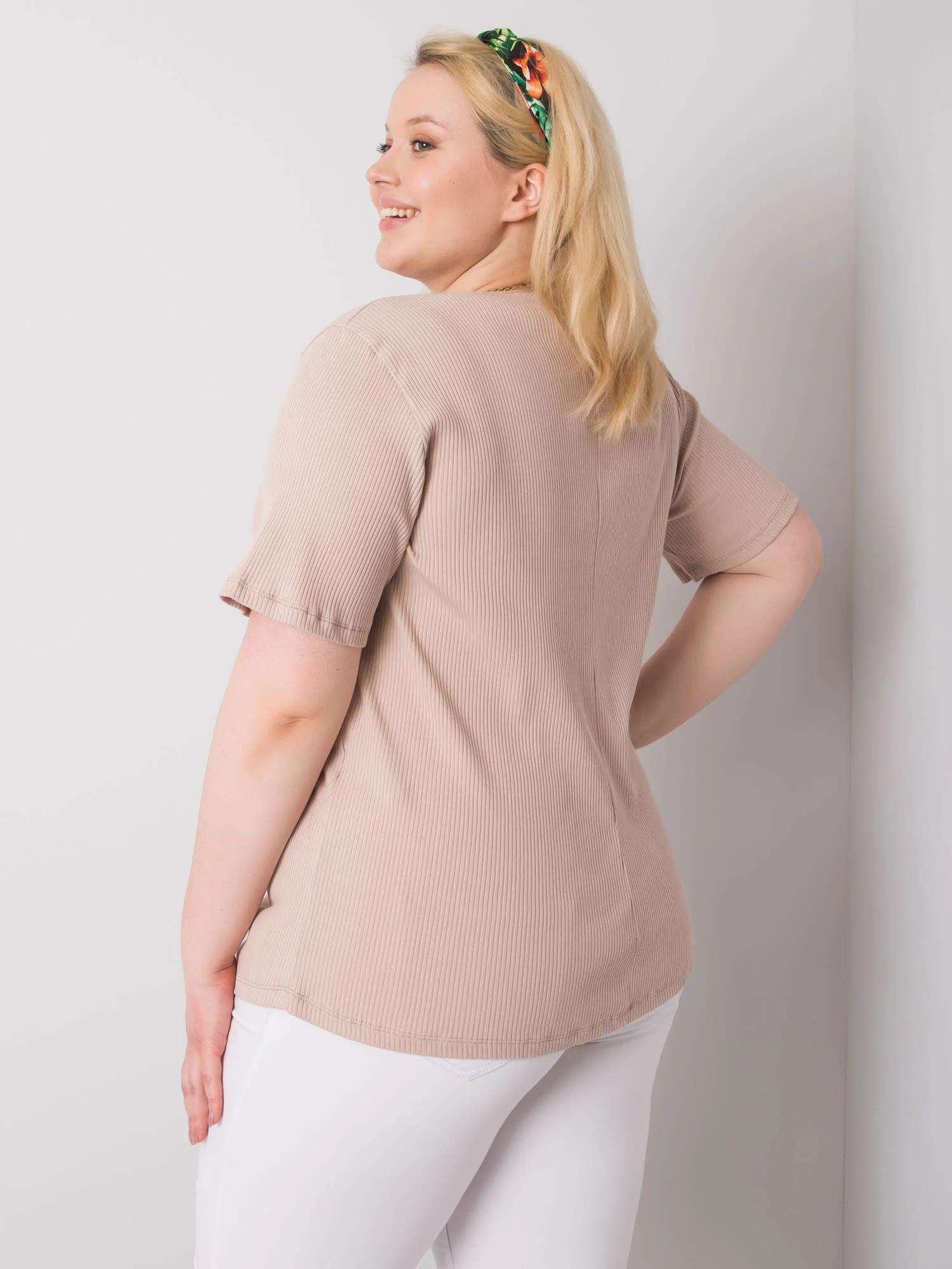 Bluza Dama Mini, Decolteu rotund, BASIC FEEL GOOD, Bej Eleganta Office Marimi Mari - imagine 4