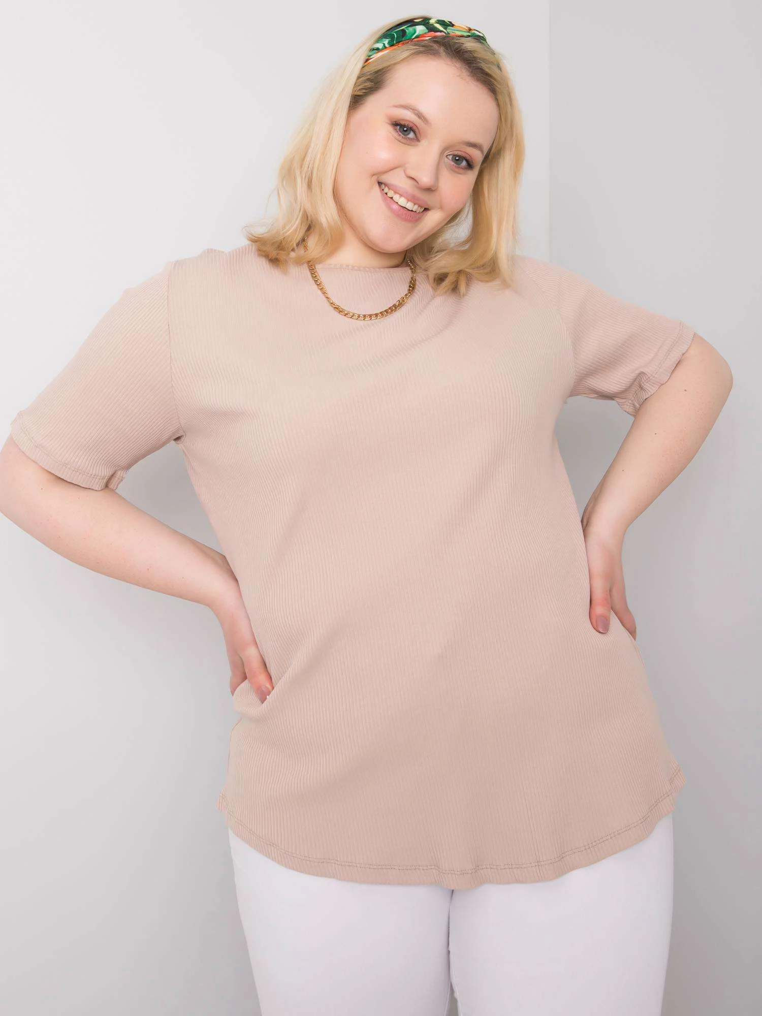 Bluza Dama Mini, Decolteu rotund, BASIC FEEL GOOD, Bej Eleganta Office Marimi Mari - imagine 3