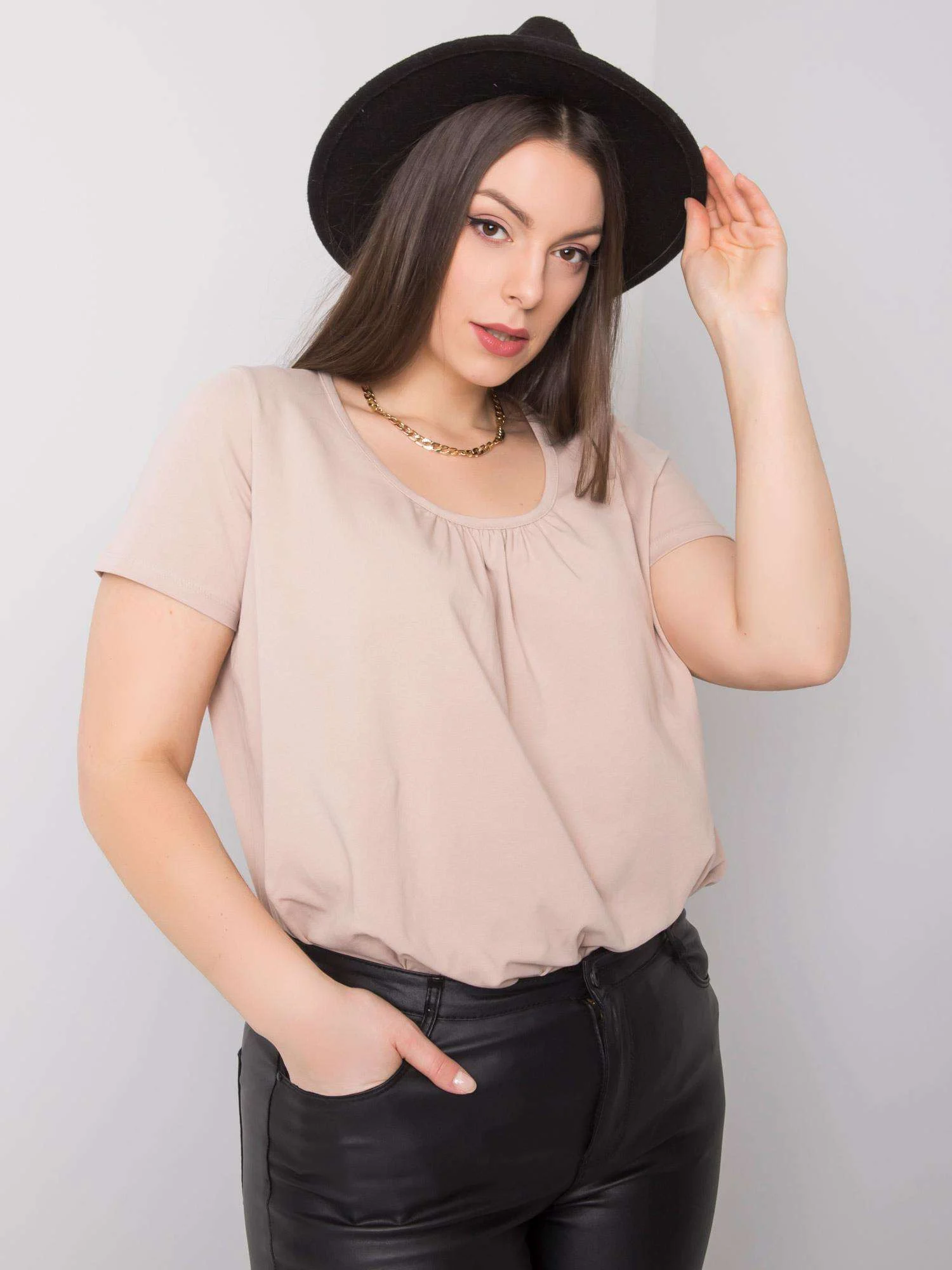 Tricou Dama Mini, Decolteu rotund, BASIC FEEL GOOD, Bej Eleganta Office Marimi Mari - imagine 5